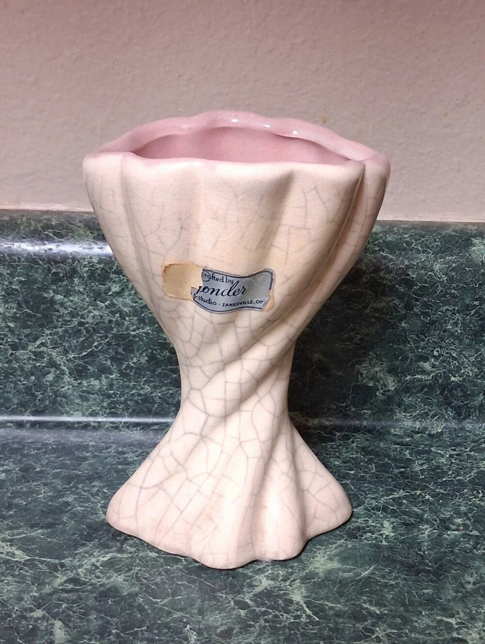 Vintage Gonder USA Pottery Vase Crackle Glaze, Pink Lining B-64
